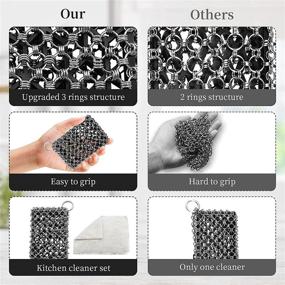 img 1 attached to 🍳 Cast Iron Skillet Cleaner Chainmail Scrubber with Silicone Insert 316 Stainless Steel Chain Scrubbing Pad Bamboo Wash Cloth Pre-Seasoned Pans Cookware BBQ Tools (Black) by MYQGSD