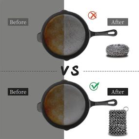 img 2 attached to 🍳 Cast Iron Skillet Cleaner Chainmail Scrubber with Silicone Insert 316 Stainless Steel Chain Scrubbing Pad Bamboo Wash Cloth Pre-Seasoned Pans Cookware BBQ Tools (Black) by MYQGSD