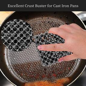 img 3 attached to 🍳 Cast Iron Skillet Cleaner Chainmail Scrubber with Silicone Insert 316 Stainless Steel Chain Scrubbing Pad Bamboo Wash Cloth Pre-Seasoned Pans Cookware BBQ Tools (Black) by MYQGSD