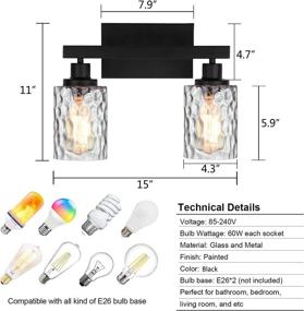 img 3 attached to 🚿 Stunning Black Bathroom Light Fixtures: 2-Light Wall Sconces with Clear Hammered Glass Shades for Vanity, Mirror Cabinets, Kitchen, Living Room, and More