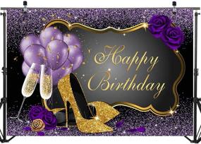 img 2 attached to Glitter Purple Gold Happy Birthday Backdrop 7x5ft - High Heels Champagne Balloon Women's Birthday Photography Background - Sweet 16th, 30th, 40th, 50th Bday Party Decorations - Photo Backdrops