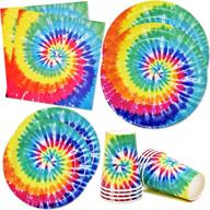 colorful tie dye party supplies: 24 dinner plates, 24 dessert plates, 24 cups, and 50 luncheon napkins logo