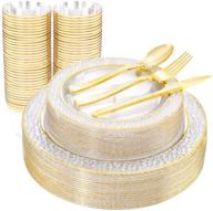 🍽️ ciaell 150pcs clear gold plastic plates - the perfect party & wedding disposable gold rim plates set, including 25 dinner plates, 25 dessert plates, 25 forks, 25 knives, 25 spoons, and 25 cups logo