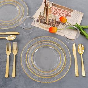 img 1 attached to 🍽️ Ciaell 150PCS Clear Gold Plastic Plates - The Perfect Party & Wedding Disposable Gold Rim Plates Set, Including 25 Dinner Plates, 25 Dessert Plates, 25 Forks, 25 Knives, 25 Spoons, and 25 Cups