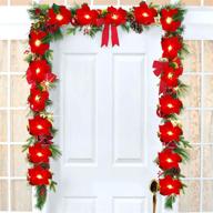 🎄 6.5ft lighted poinsettia christmas garland with red berries and holly leaves - pre-lit velvet artificial poinsettia garland for christmas decoration, battery operated logo