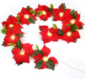 img 3 attached to 🎄 6.5Ft Lighted Poinsettia Christmas Garland with Red Berries and Holly Leaves - Pre-Lit Velvet Artificial Poinsettia Garland for Christmas Decoration, Battery Operated