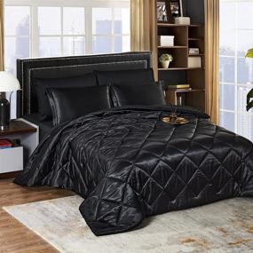 img 4 attached to 🛏️ HAOK 490 GSM Satin Luxury Comforter Set in Solid Black - 8-Piece Queen Size Bedding Set with Satin Bed Sheets, 2 Pillowcases, 2 Shams, 1 Bed Skirt - Down Alternative, Silky Smooth Comforter Set