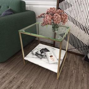 img 2 attached to 🌟 Tilly Lin Glass Top Faux Marble Accent Table/Nightstand with Gold Metal Legs