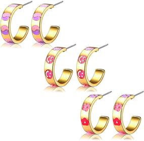 img 4 attached to 🌺 Colorful Enamel Smiley Face Butterfly Flower Heart Stud Earrings: 14K Gold Plated Cute Huggie Hoop Jewelry for Women Girls