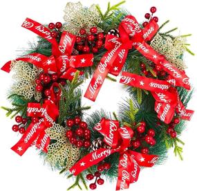 img 4 attached to 🎄 18-Inch MTSCE Artificial Christmas Wreath for Front Door - Decorative Flower, Berries, Pine Cones & Ribbon - Indoor/Outdoor Xmas Decorations