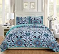 🌸 stunning floral turquoise white grey bedspread set for king/california king bed - mk home 3pc oversized quilted coverlet set logo