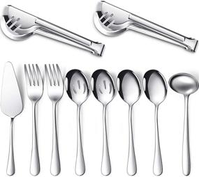 img 4 attached to 🍶 Dishwasher Safe Silver Buffet Catering Serving Utensils Set - Large Spoons, Slotted Spoons, Forks, Tongs, Soup Ladle, Pie Server (10 pieces)