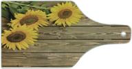 🌻 lunarable sunflower tempered glass serving board - wine bottle shape - medium size - yellow umber - top left corner sunflower print on wooden background логотип