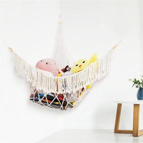 img 3 attached to 🧸 Большой каркасный игрушечный гамак - boho угловой гамак с нажёмными гвоздями - 3 шт. подвесной органайзер для игрушек для детской спальни, детской комнаты - 64.6" x 64.6" x 44.9