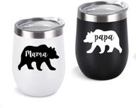 gingprous mama bear papa bear couple wine tumbler set - gifts for couples, new parents, pregnancy, new mom, new dad - 12 oz insulated stainless steel wine tumbler with lid (set of 2, black & white) логотип