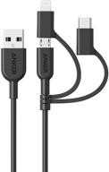 ⚡ anker powerline ii 3-in-1 cable, lightning/type c/micro usb cable for iphone, ipad, huawei, htc, lg, samsung galaxy, sony xperia, android smartphones, ipad pro 2018 and more - 3ft, black logo
