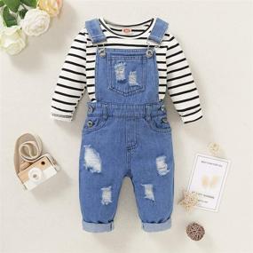 img 2 attached to 👖 Cute Ruffle Sleeve Linen Shirt and Ripped Jeans Set for Toddler Baby Girls - Kids Denim Pants Infant Clothes