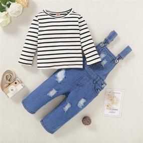 img 3 attached to 👖 Cute Ruffle Sleeve Linen Shirt and Ripped Jeans Set for Toddler Baby Girls - Kids Denim Pants Infant Clothes
