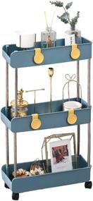 img 4 attached to 3-Tier Slim Mobile Shelving Unit on Wheels: Navy Blue Rolling Storage Organizer for Kitchen, Bathroom, and Laundry Room