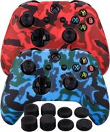 🎮 enhanced grip silicone rubber controller skin case with customizable camouflage design for xbox one/s/x - red & blue (pack of 2) + fps pro extra height thumb grips x 8 logo