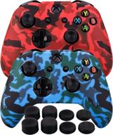 🎮 enhanced grip silicone rubber controller skin case with customizable camouflage design for xbox one/s/x - red & blue (pack of 2) + fps pro extra height thumb grips x 8 логотип