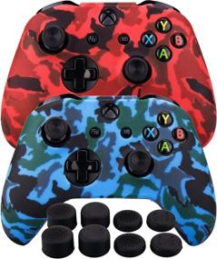 img 4 attached to 🎮 Enhanced Grip Silicone Rubber Controller Skin Case with Customizable Camouflage Design for Xbox One/S/X - Red & Blue (Pack of 2) + FPS PRO Extra Height Thumb Grips x 8