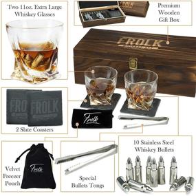 img 3 attached to 🥃 Ultimate Bullet Shaped Whiskey Stones Gift Set for Men - 10 Stainless-Steel Chilling Bullets - 11 oz Two Large Twisted Whiskey Glasses, Slate Coasters, Tongs - Premium Bundle in Pine Wood Box