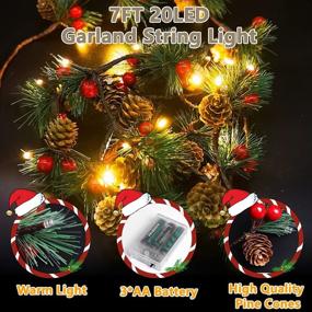 img 3 attached to 🎄 Enhance Your Winter Décor with 7FT Christmas Garland Pinecone Fairy Light – 20 LED Battery Operated String Light for Xmas Tree, Fireplace, Party, Patio & Garden – Red Berry & Pine Needles Design – Warm White