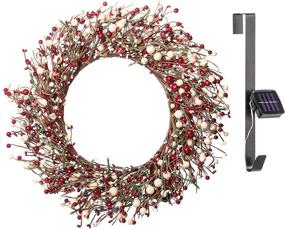 img 4 attached to 🎄 22" Christmas Wreath with Red and Cream Pip Berries, Solar-Powered LED Lights by Red Co. - Illuminate Your Holidays!