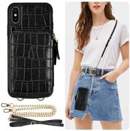 zve iphone xs max wallet case with crossbody chain purse - shockproof 📱 zipper crocodile grain leather bumper cover for apple iphone xs max, 6.5 inch - black logo