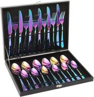 lightahead 24pcs rainbow iridescent stainless steel flatware cutlery set - multicolored tableware in black gift box logo