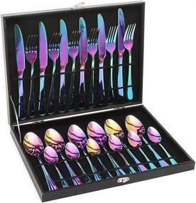 img 1 attached to Lightahead 24pcs Rainbow Iridescent Stainless Steel Flatware Cutlery Set - Multicolored Tableware in Black Gift Box