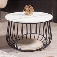 🖼️ modern round coffee table with storage and open cat house for living room in white marble texture and black color логотип