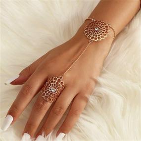 img 3 attached to 💎 Delicate 14K Gold Plated CZ Crystal Filigree Flower Hand Chain Bracelet for Women and Girls - Dainty Lace Slave Harness Bangle - Boho Gypsy Bollywood Y2K Jewelry Set for Wedding, Birthday, Retro Party - 2 Pieces