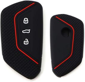 img 4 attached to 🔑 Black Soft Silicone Key Fob Cover with Red Stripe for Volkswagen MK8 Golf/GTI, Skoda Octavia - Compatible with 3/4/5-Button Smart Key by iJDMTOY