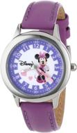 🐭 minnie mouse time teacher watch: disney kids' w000039 with purple leather band - stainless steel perfection logo