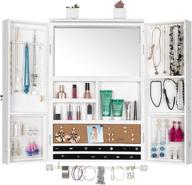 🪶 distressed white wooden barndoor jewelry organizer with mirror - wall mounted rustic holder for necklaces, earrings, bracelets, rings, and accessories logo