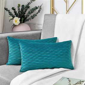 img 3 attached to 🛋️ Set of 2 Soft Striped Velvet Throw Pillows, 12x20 Teal Rectangular Decorative Pillow Covers - Modern Farmhouse Home Decor, Sofa Bed Chair Accents