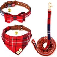 🐶 bow tie dog collar and leather leash set in plaid - adjustable bandana and collars with bell for small dogs, puppies, and cats - ideal for outdoor walking - 3 pcs logo