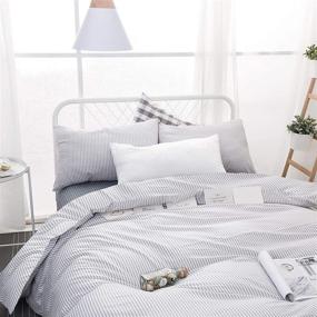 img 3 attached to 💤 Wake In Cloud - Grey & White Striped Duvet Cover Set: Elegant 100% Cotton Bedding with Grey Vertical Ticking Stripes Pattern on White – Queen Size Duvet Cover with Zipper Closure (3pcs)