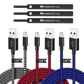 img 3 attached to 🔌 3-Pack 10FT Nylon Braided Micro USB Charging Cable for PS4 Controller – High-Speed Data Sync Cord Compatible with Playstation 4, Xbox One S/X Controller, Android Phones – Black, Blue, and Red