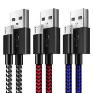 🔌 3-pack 10ft nylon braided micro usb charging cable for ps4 controller – high-speed data sync cord compatible with playstation 4, xbox one s/x controller, android phones – black, blue, and red logo