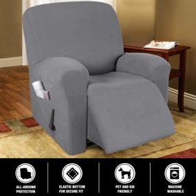 img 3 attached to 🪑 Protective Grey Jacquard Recliner Chair Cover with Side Pocket - Elastic Bottom Slipcover for Stretch Recliner Chairs - Thick Soft Furniture Protector - 1 Piece Slipcover