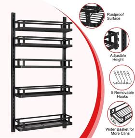 img 3 attached to Adjustable Spice Rack Organizer, G-TING 5 Tier Wall Mounted Spice Shelf with 5 Hooks, Dual-use Seasoning Holder Racks for Kitchen Cabinet Pantry Door Bathroom, Black