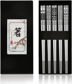 img 4 attached to 🥢 Metal Reusable Chopsticks with Engraved Korean Pattern - 5 Pair/Set Stainless Steel Chopstick Pack for Easy Cleaning