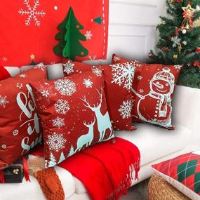 img 1 attached to 🎄 Set of 4 Christmas Pillow Covers 18x18 Inch - Farmhouse Style Rustic Linen Cushion Case for Sofa Couch - Holiday Decorations Xmas Home Decorative Throw Pillowcase - Red Color - Indoor Décor