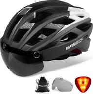 basecamp bc-069 bike helmet with rear light, detachable magnetic goggles, and portable lightweight backpack - adjustable cycling helmet for adult men and women - mountain & road logo