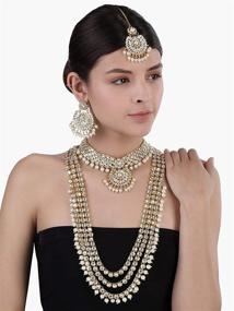 img 3 attached to 💍 Exquisite Aheli Wedding Designer Faux Kundan Beaded Indian Heavy Bridal Set: Long Choker Necklace, Earrings, and Maang Tikka – Traditional Jewelry for Women