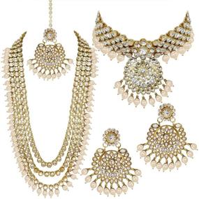 img 4 attached to 💍 Exquisite Aheli Wedding Designer Faux Kundan Beaded Indian Heavy Bridal Set: Long Choker Necklace, Earrings, and Maang Tikka – Traditional Jewelry for Women