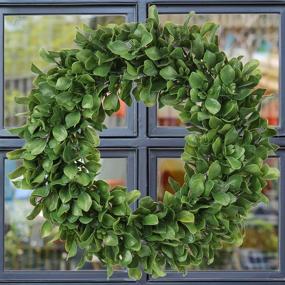 img 4 attached to 🌿 15-Inch Mini Boxwood Wreath for Front Door - Artificial Green Farmhouse Wall, Door, Window, Party, Wedding Decor - Indoor/Outdoor Use